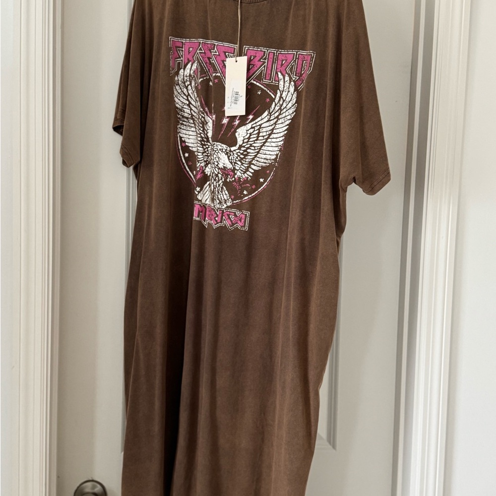 Free Bird Graphic Brown Oversized T-Shirt Dress